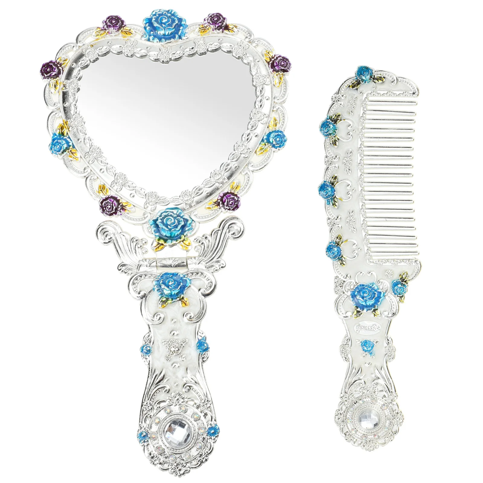 

1Set Heart Mirror Comb Set Vintage Handheld Makeup Mirror Compact for Women Portable Travel Elegant Hair Comb Kit