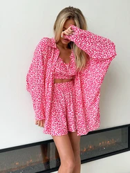 HiLoc Fashion Pink Print Shorts Pajams Sets Women 3 Pieces Summer Loose Shirts Sexy Crop Tops Casual Blue Shorts Sleepwears 2024