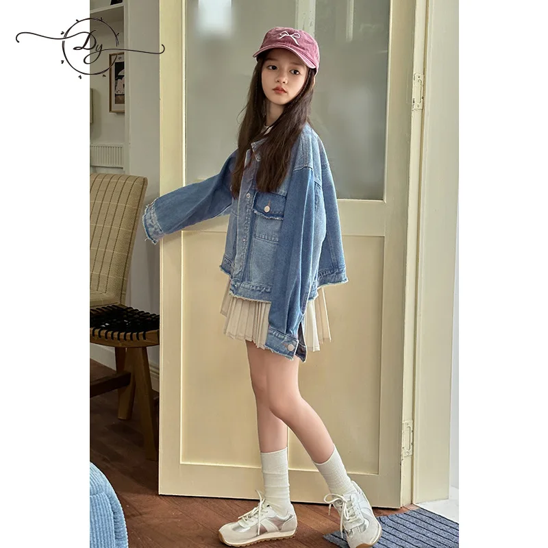 Girls Denim Coat Children 2024 New Autumn Collection Fashion Simple Casual Girls Coat Korean Simple Style Clothes Top Kid