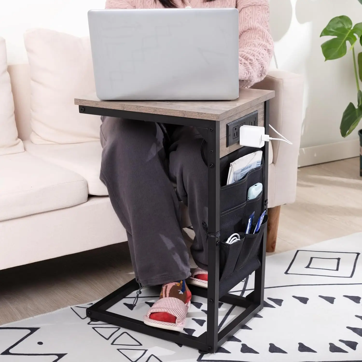 C Shaped End Table with Charging Station, TV Tray Set of 2, Couch Tables Storage Bag, Slide Under Sofa Side Table