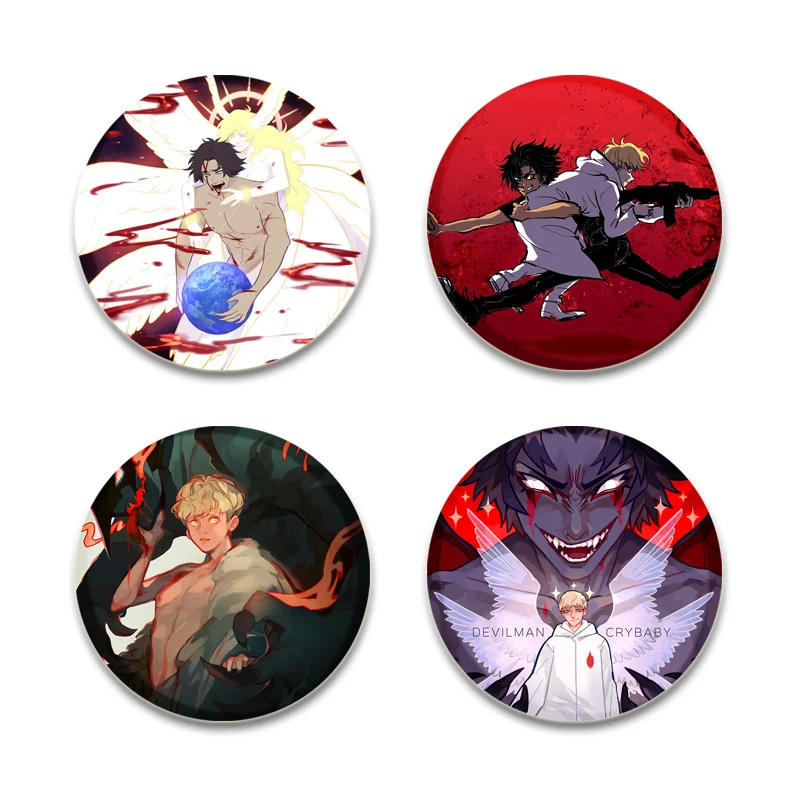 Devilman Crybaby Tinplate Pin Round Cartoon Snap-in Brooches for Backpack Cothes Accessories Anime Collection Badge Decoration