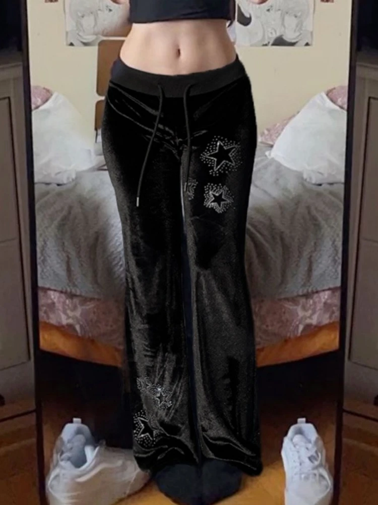 Hot Drilling Star Flare Pants Women Y2k Clothes Low Rise Trousers Black Pantalones De Mujer Lace-up Roupas Femininas Streetwear