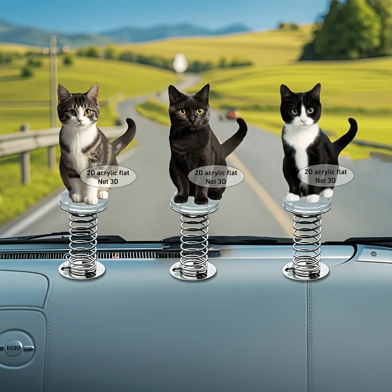 Cartoon Spring Shaking Cat Car Dashboard Flat Acrylic Swing Kitten Ornament Interior Cute Pet Cat Car Accessory Decoration Craft