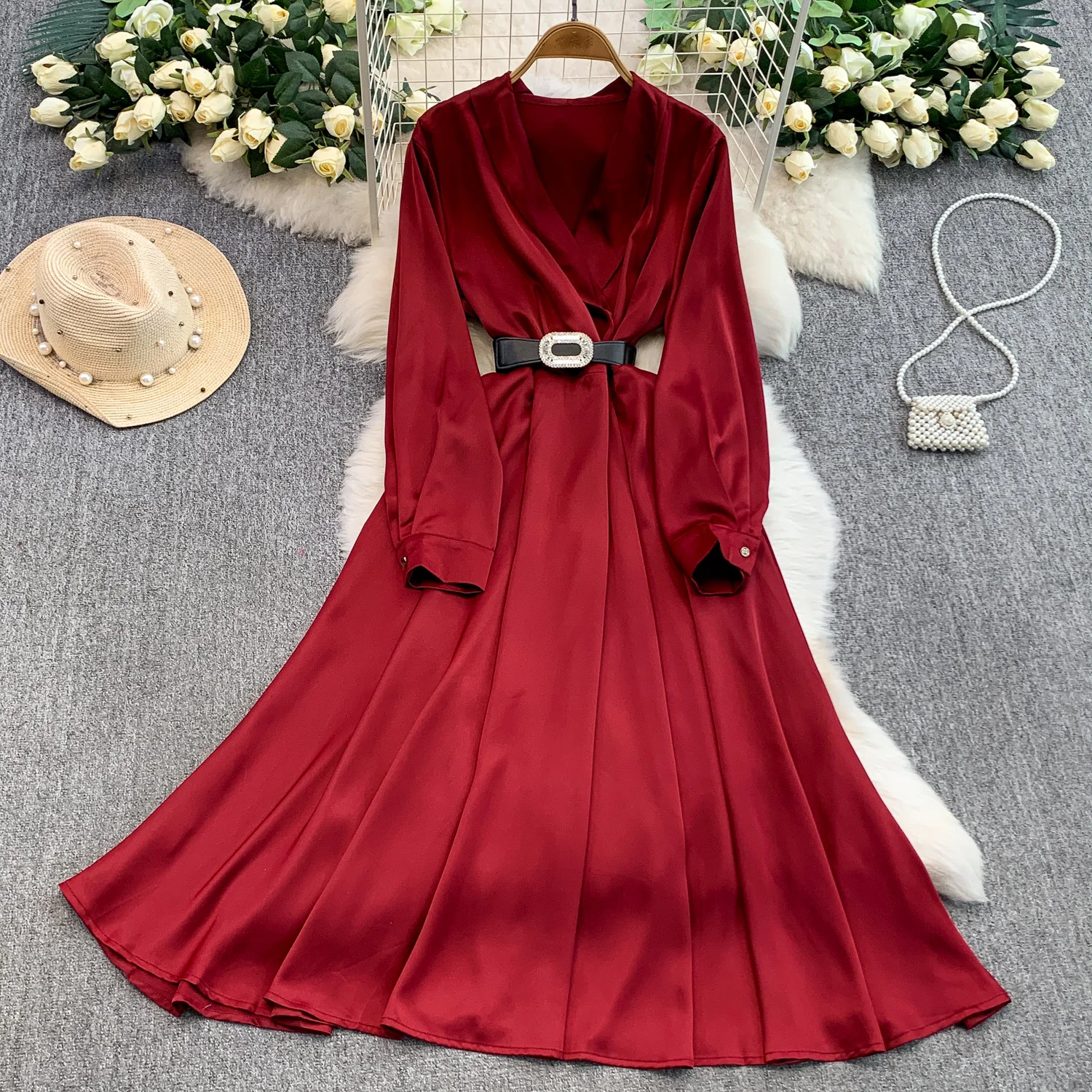 Chic vintage long sleeve V-neck solid dress Fairy korean fashion Boho Sundress women clothing