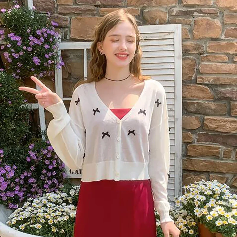 Autumn Women Knitted Coat Bow Decoration Long-sleeved Slim Sunscreen Jacket Ladies Breathable Sweet Cardigan