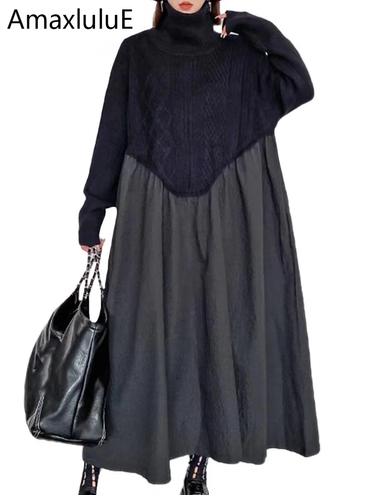 

Amax luluE 2024 Winter Women Fashion Loose Knitted Turtleneck Casual Dresses Ladies Luxury Elegant Vintage Cotton Black Vestidos