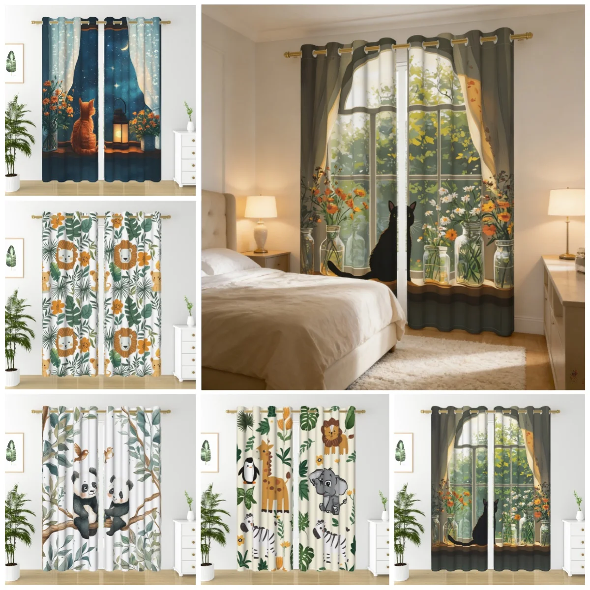 2pcs/set Healing Cats Forest Animal Beehives Window Curtain Modern Bedroom Dining Room Decor Blackout Polyester Fabric Curtains
