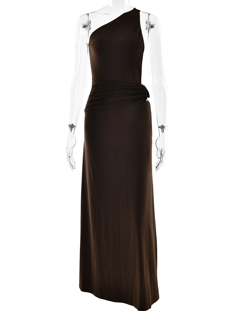 Sibybo Oblique Shoulder Sleeveless Ruched Maxi Dress For Women Gown Elegant Metal Rings Backless Bodycon Long Dresses Vestidos
