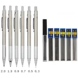 Lápiz mecánico de Metal para estudiantes, 0,3, 0,5, 0,7, 0,9, 1,3, 2,0mm, diseño de dibujo artístico HB, juego de plomo negro, materiales de acero inoxidable de cobre