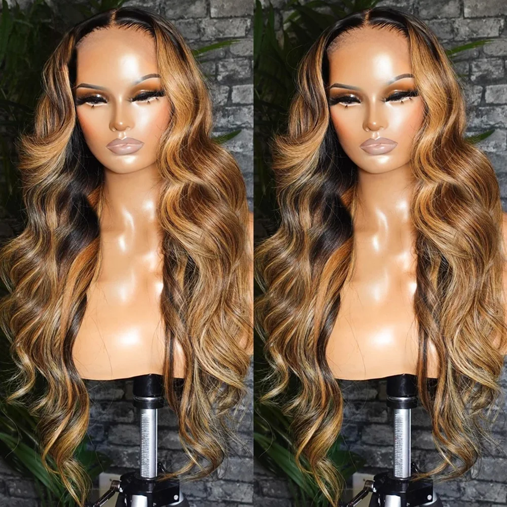 Highlight Ombre 13x4 Lace Frontal Body Wave Wig Brazilian Glueless 4/27 Brown Blonde 7x5 Human Hair Wig Bleached Knots For Women