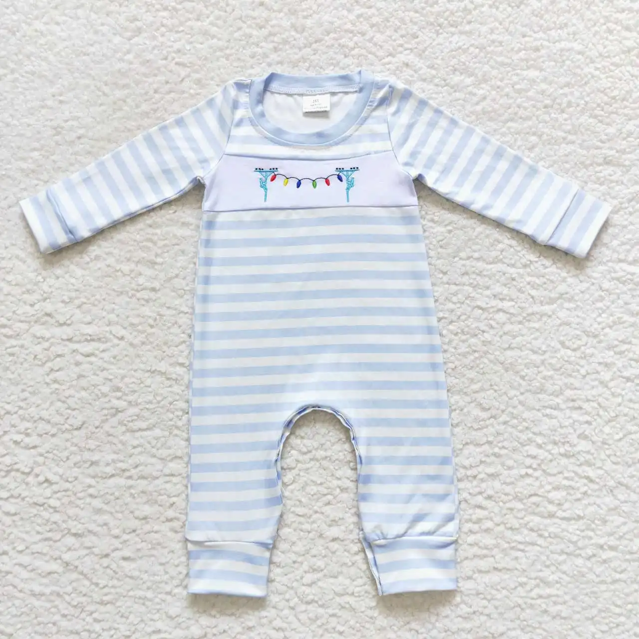 Wholesale Baby Boy Christmas Romper Blue Long Sleeves Embroidery Cotton Jumpsuit Kids Children Newborn Toddler Stripes Clothes