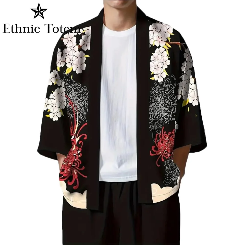 Spring Summer Men Casual Cardigan Shirt Top Harajuku Flower Samurai Cat Print Japanese Kimono Shirt Traditional Costume Jacket