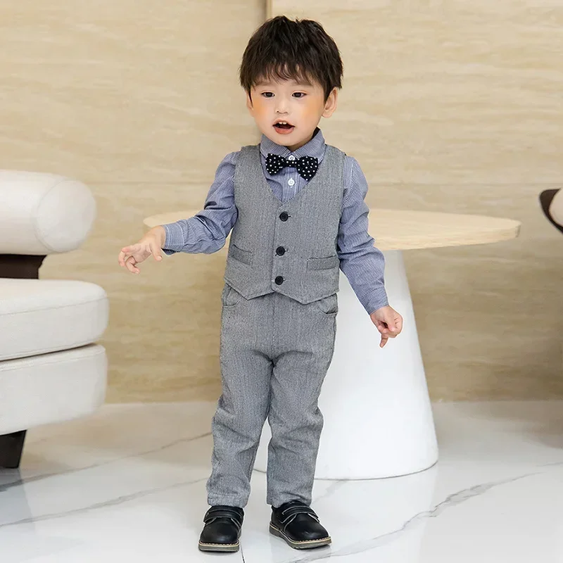 

Child Spring Autumn Striped Vest Suit Set Handsome Boy Baby's First Birthday Party Photography Dress Kids Waistcoat Pants