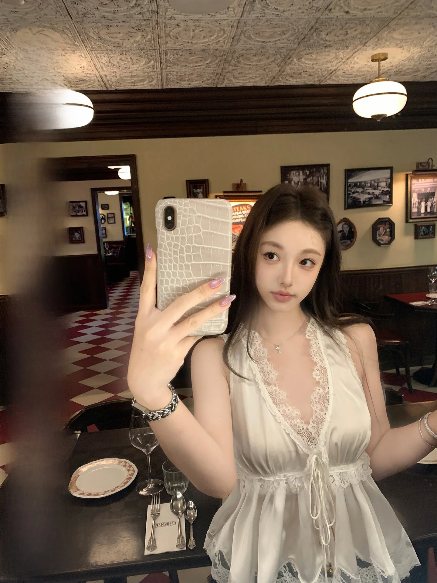 

Chestnut a Bankelili Ice Jade White Tea Chole Heavyweight Lace Trim Waist Cinching V-ne Belted Top Women's Casual irt