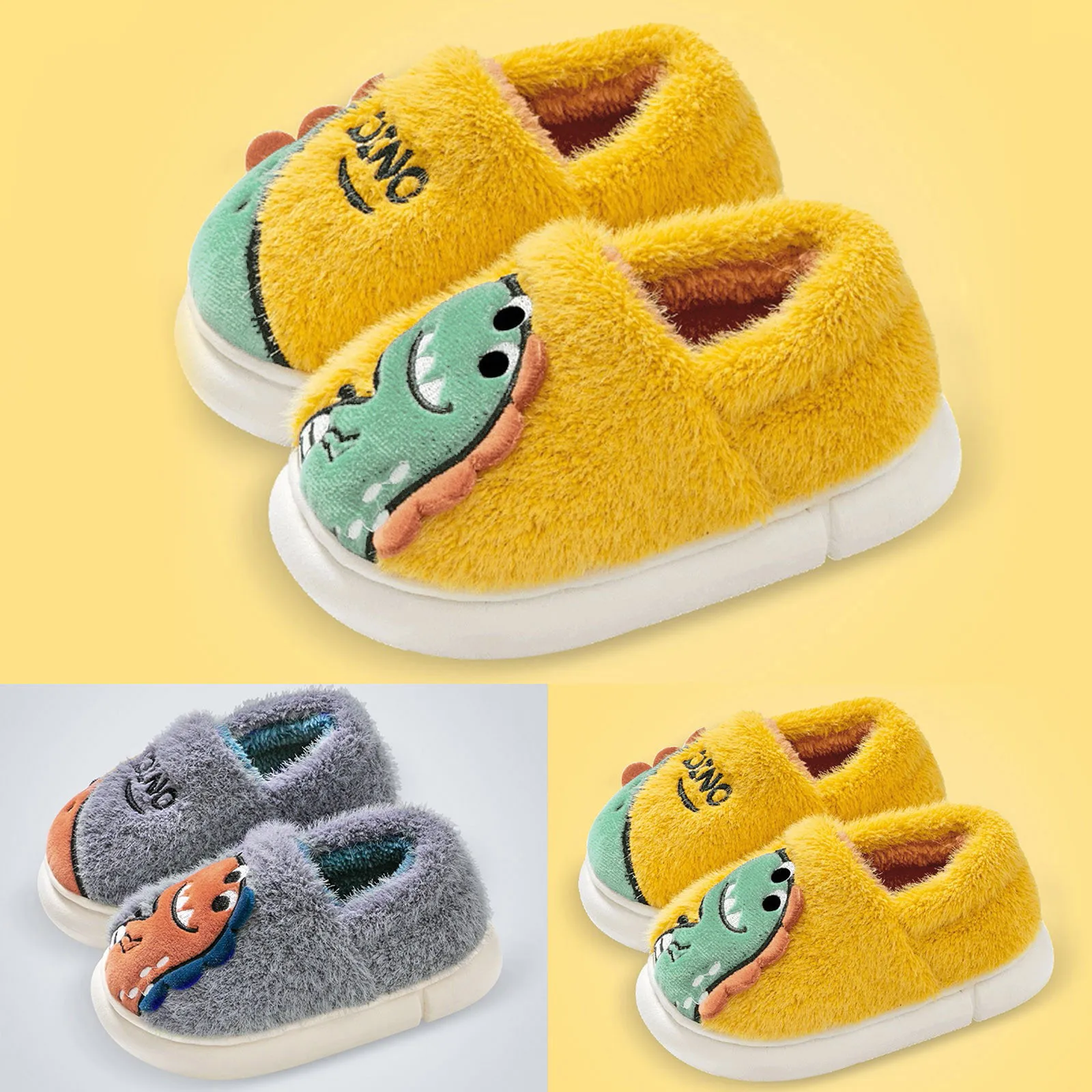 Winter Children Classic Cartoon Dinosaur Embroidered Plush Slippers Boys Girls Soft Soled Non-slip Warm Indoor Kids Cotton Shoes