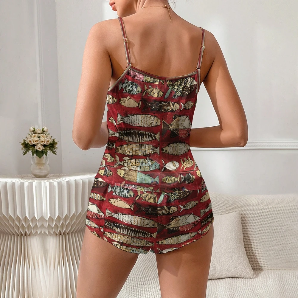 Women's Sardine Print Red Pajama Set Two Piece Set Casual Short Sleepwear Animal Graffiti Summer Home Wear Camisole Vest Summer