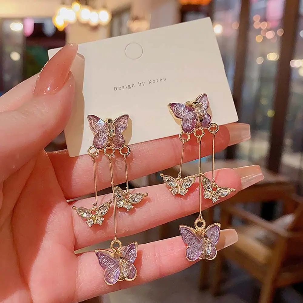 Long Tassel Butterfly Drop Earrings Shiny Crystal Butterfly Jewelry Accessories Butterfly Ear Pendant Resin Alloy