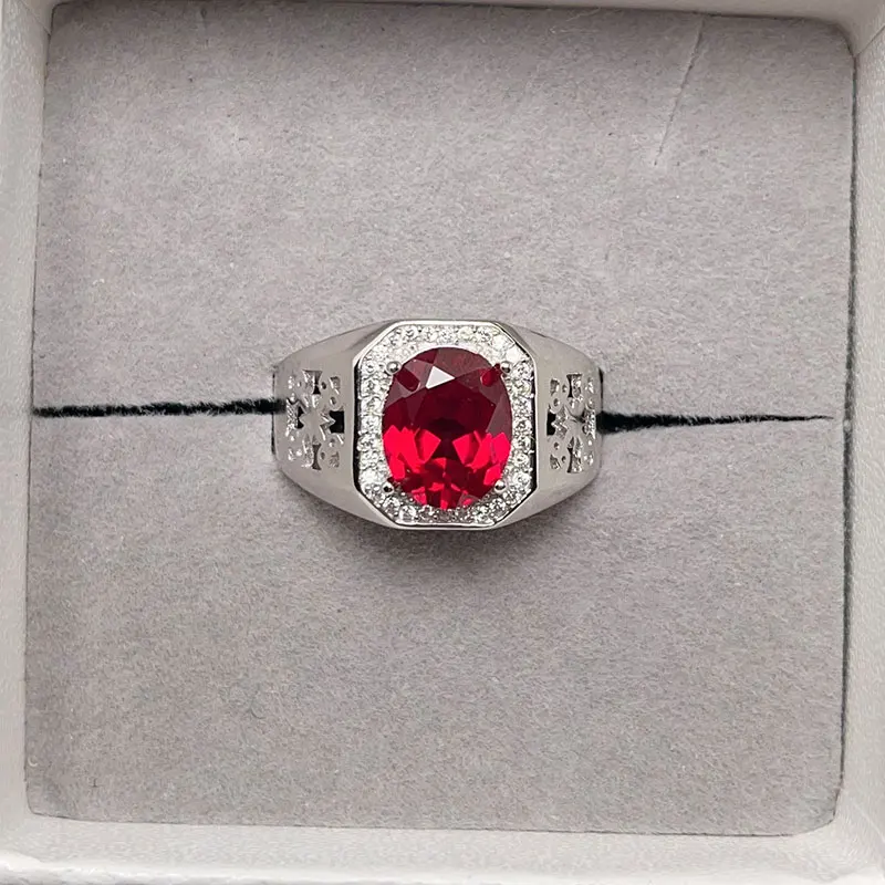 Solid 925 Silver Men Ring 8mm*10mm 2ct Man Made Ruby Ring for Men 18K Gold Plated Red Lab Created Crystal Jewelry