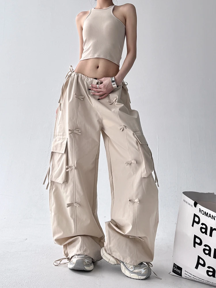 American sle casual solto calças de trabalho dstring nó ket doce picante menina calças largas cintura alta calças compridas
