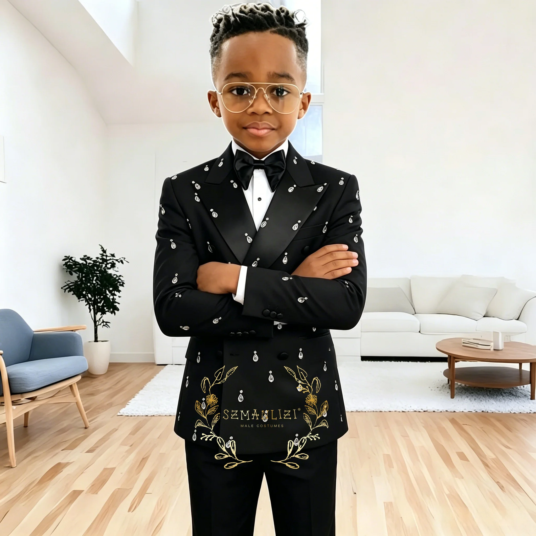 Boy's Suits 2 Pieces Black Beads Crystals Slim Fit Double Breasted Boy's Outfit Wedding Party Flower Children Sets（Blazer+Pants)