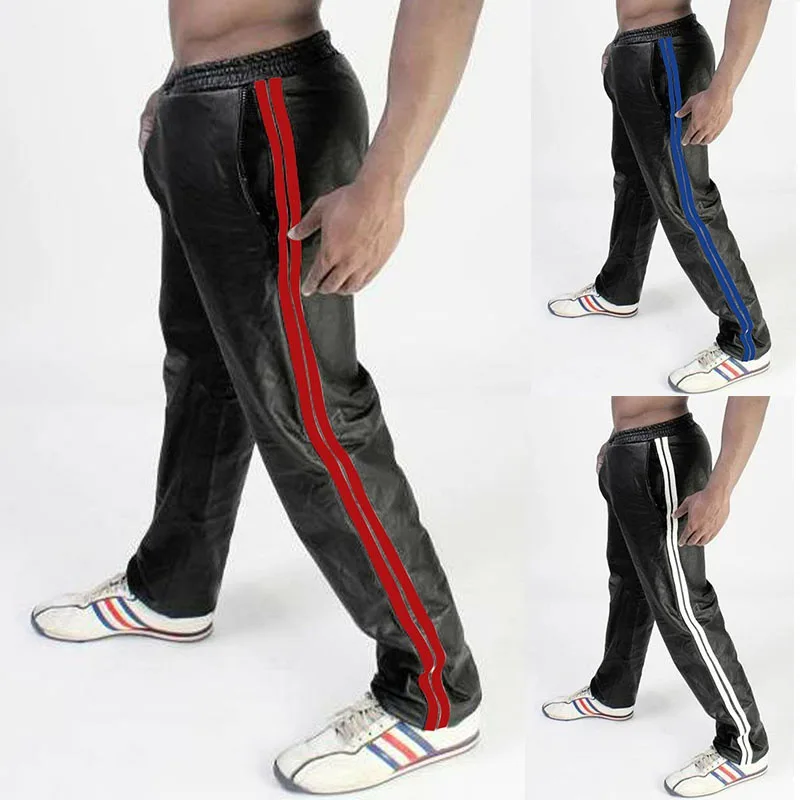 Men PU Leather Track Pants Casual Side Double Stripes Straight Leg Sport Trousers Elastic Waist Hip Hop Streetwear Joggers Pants