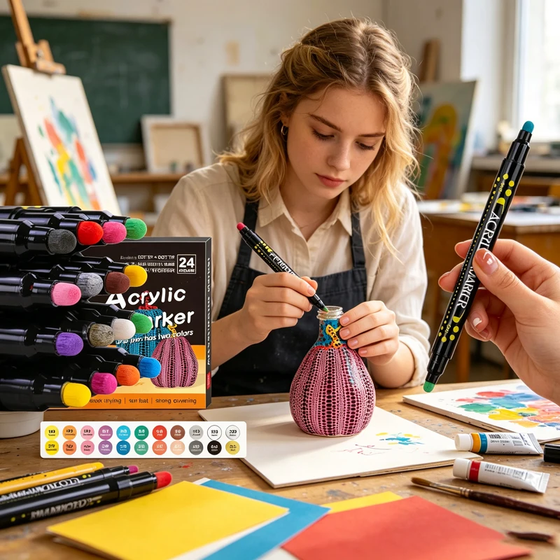24 Colors GN Dual‑Head Acrylic Paint Markers, Brush & Round Tip Pens, Kids DIY Painting for Rock, Metal, Wood & Ceramic Crafts