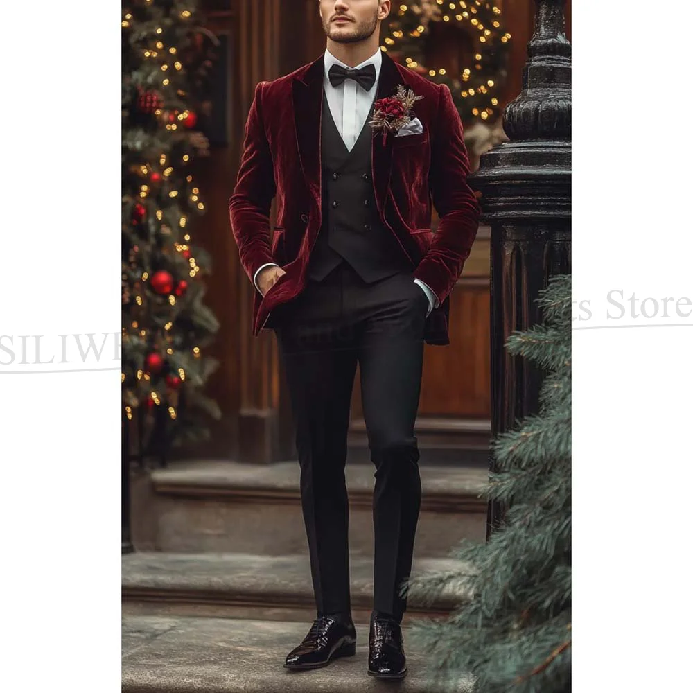 

Chic Velvet Men Suits Single Breasted Peak Lapel Male Clothing Slim Formal Elegant Groom Wear Wedding Party Tuxedo 3 Piece