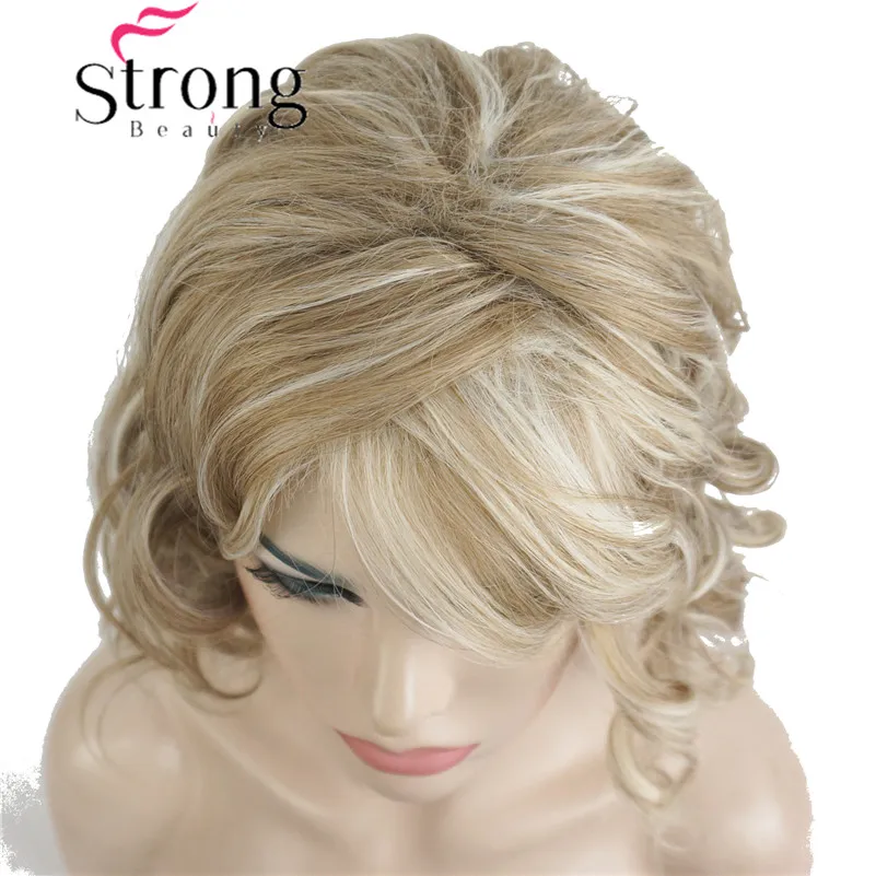StrongBeauty Women Synthetic Wig Medium Length Curly Light golden Highlighted/Balayage Hair Natural Wigs