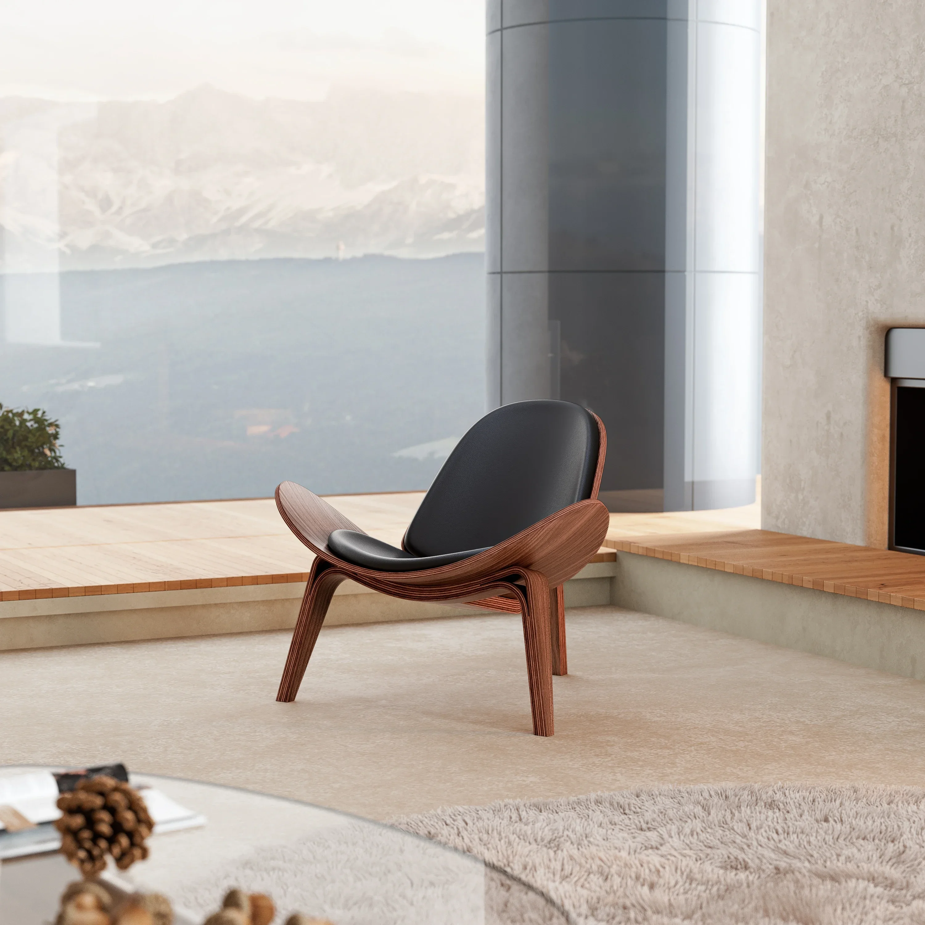 

Mid Century Lounge Chair Replica Shell Chair Modern Tripod Lounge Chair Wood Living Room Chairs with Black PU Leather Chairs