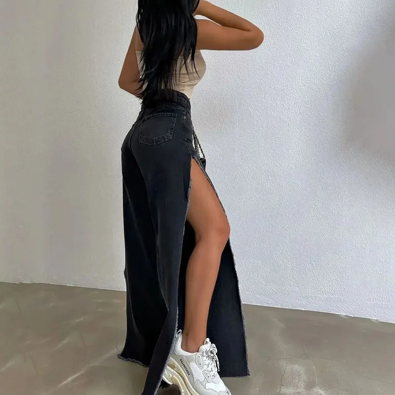 New High Waisted Side Split Out Jeans Women Casual Loose Cargo Black Pants Streetwear Summer Wide Leg Long Baggy Y2k Jeans