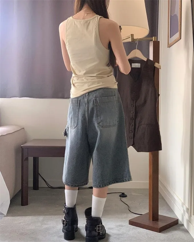 Unico SEI Coreano Sle Street Abbigliamento da lavoro neutro Gamba larga Jeans casual larghi vintage Pantaloni di media lunghezza per le donne