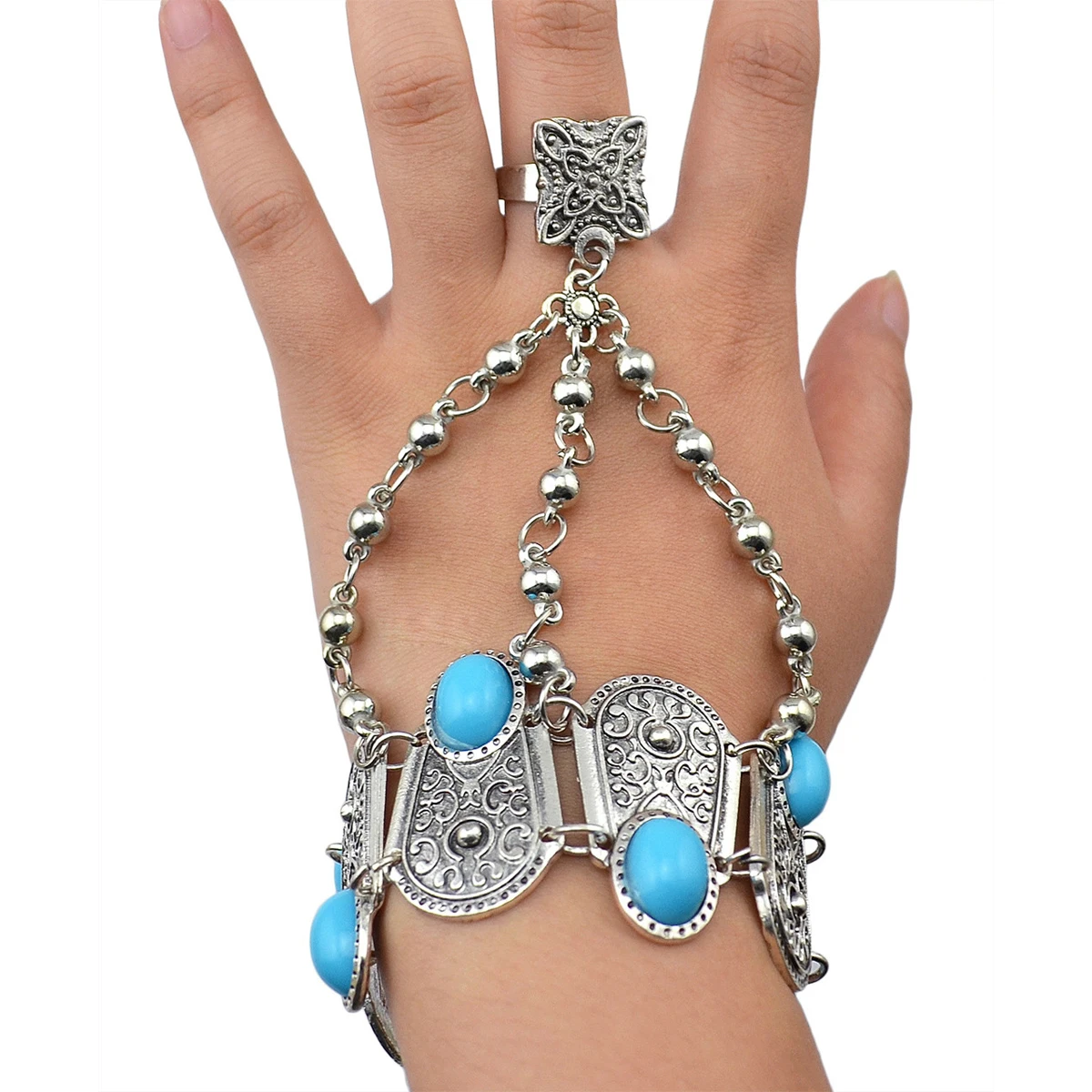 Pulsera Vintage plateada tallada con forma de flor para mujer y hombre, pulseras de anillo ajustables con gemas azules, joyería llamativa de esclavo