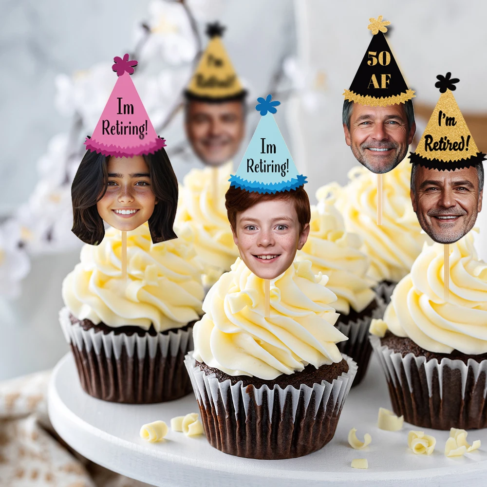 12 Stück individuelle Geburtstagsfeier-Gesichtsfotopapier-Cupcake-Topper, personalisierbar, mit jedem Namen und Alter, Text für Kinder und Erwachsene, Geburtstagsfeier, Kuchendekoration