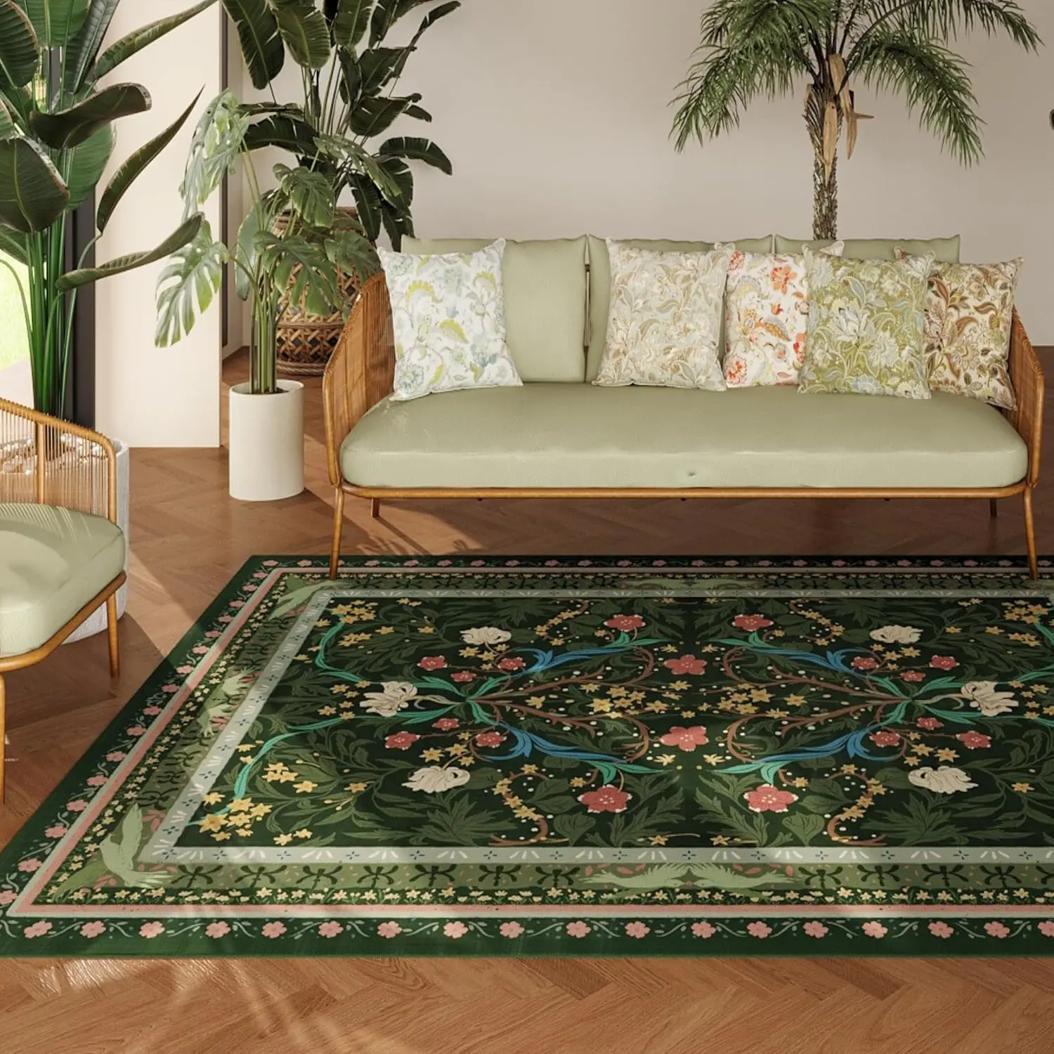 Washable Vintage Floral Botanical Rugs Non Slip Low Pile Small Carpet for Bedroom, Bedside, Kids Room, Office, Dining Room,Green