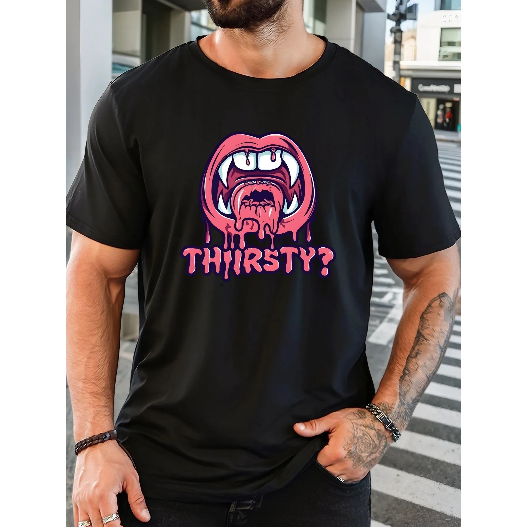 

Vampire Thirsty Lips Graphic Tee Men's Breathable Cotton Short Sleeve Casual Daily Crew Neck T-Shirt