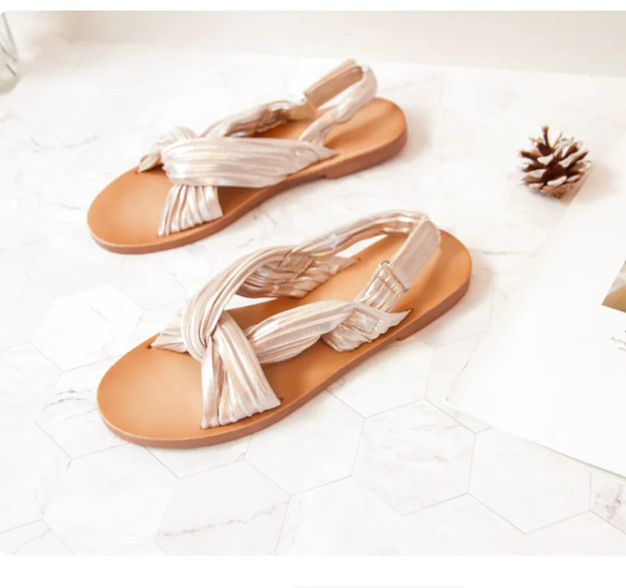 Fashion 2026 Bohemia Cut Out Weave Sandals Sandalias Wrinkle Pleated Flip Flops Shoes Cross Strap Flats For Women Streetwear