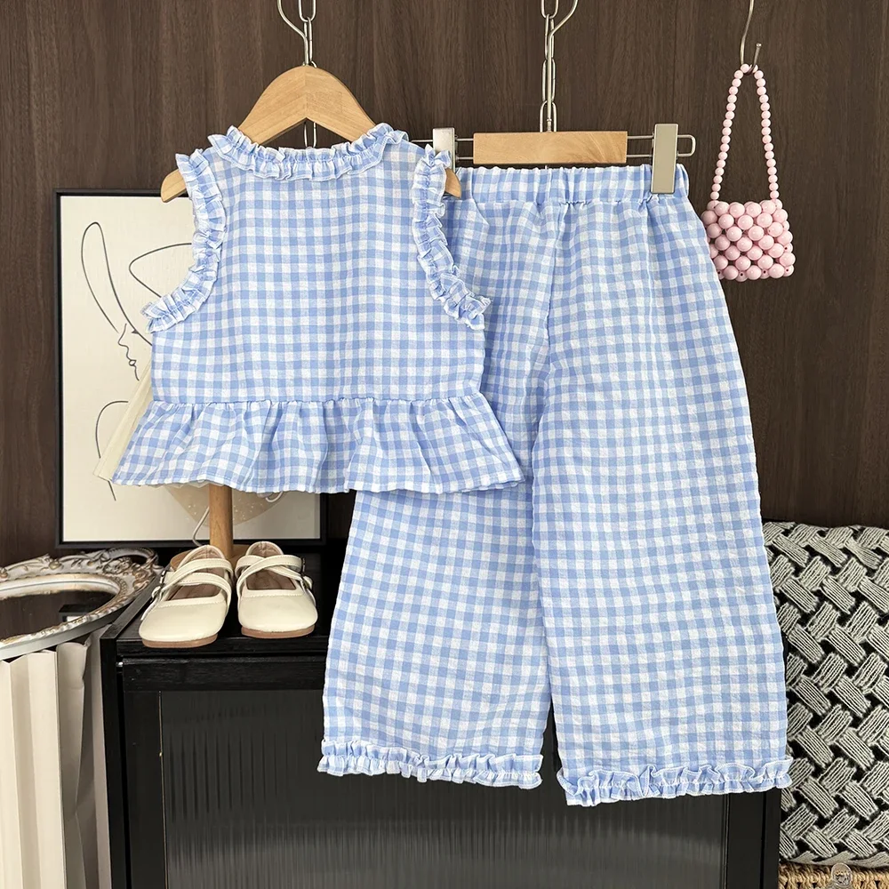 Summer Fashion Casual Girl Outfits 2-10 Years Kids Clothes Girls Checkered Printed Sleeveless Single Breasted Top+Pants 2Pcs Set