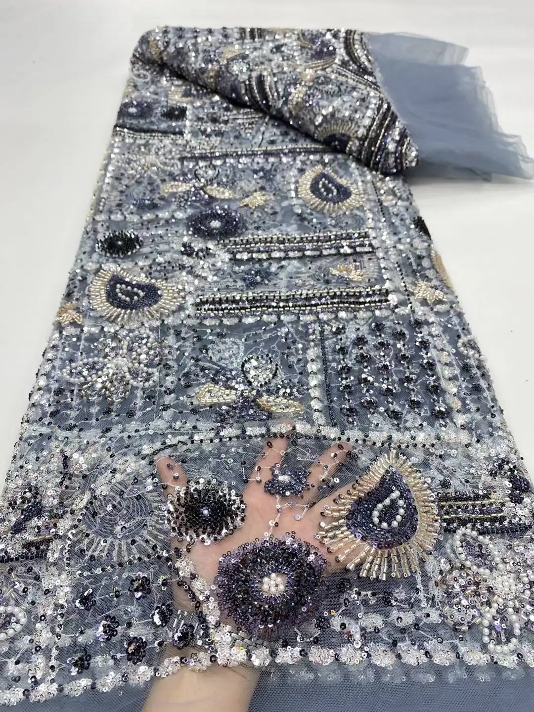 

African Beads Lace Fabric 2025 High Quality French Luxury Beads Lace Nigerian Sequins Tulle Lace Fabric for Wedding Dresses