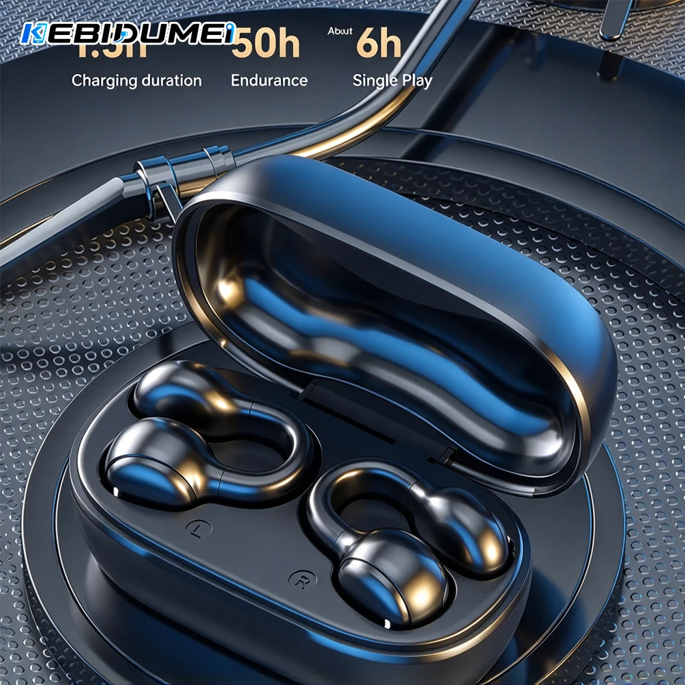KEBIDUMEI Bluetooth 5.4 Open Ear Earphones Ear Clip Headphones Mirror Digital Display HiFi Stereo Noise Cancelling Earbuds