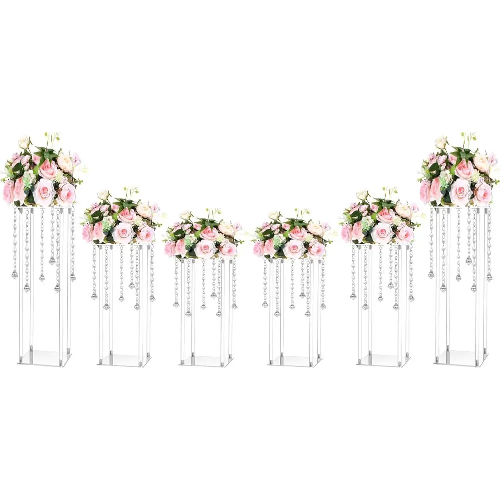 

6 Sets High Wedding lower Stand Acrylic Vase Wedding Centerpieces with Acrylic Hanging Crystals or Centerpieces and Small Plasti