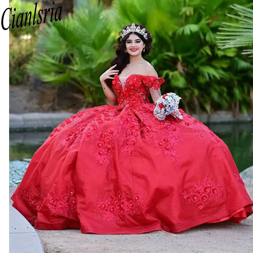 Vermelho fora do ombro quinceanera vestidos de baile 3d floral laço arco personalizado espartilho vestidos de xv anos