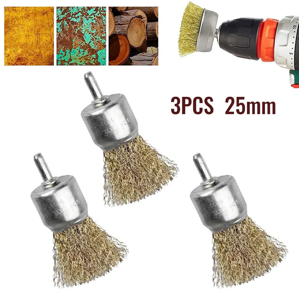 3pc 25mm Steel Wire Brush Brass Plated Wheels Brushes Drill Rotary Tools Metal Rust Removal Polishing Brush