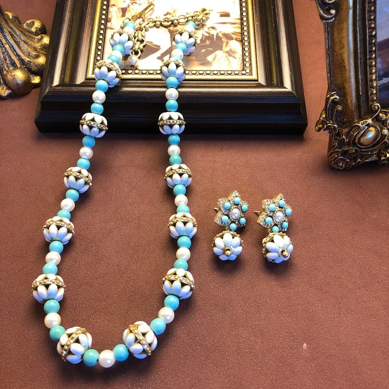Medieval jewelry versatile copper material ear stud blue white drip glaze beaded necklace earrings pendant