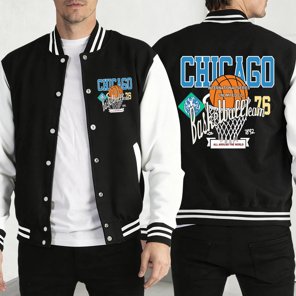 

Chicago Basketball Games Print Men Baseball Coat American Loose Jackets Fleece Autumn Streetwear Unisex Hip Hop Casual Clothing