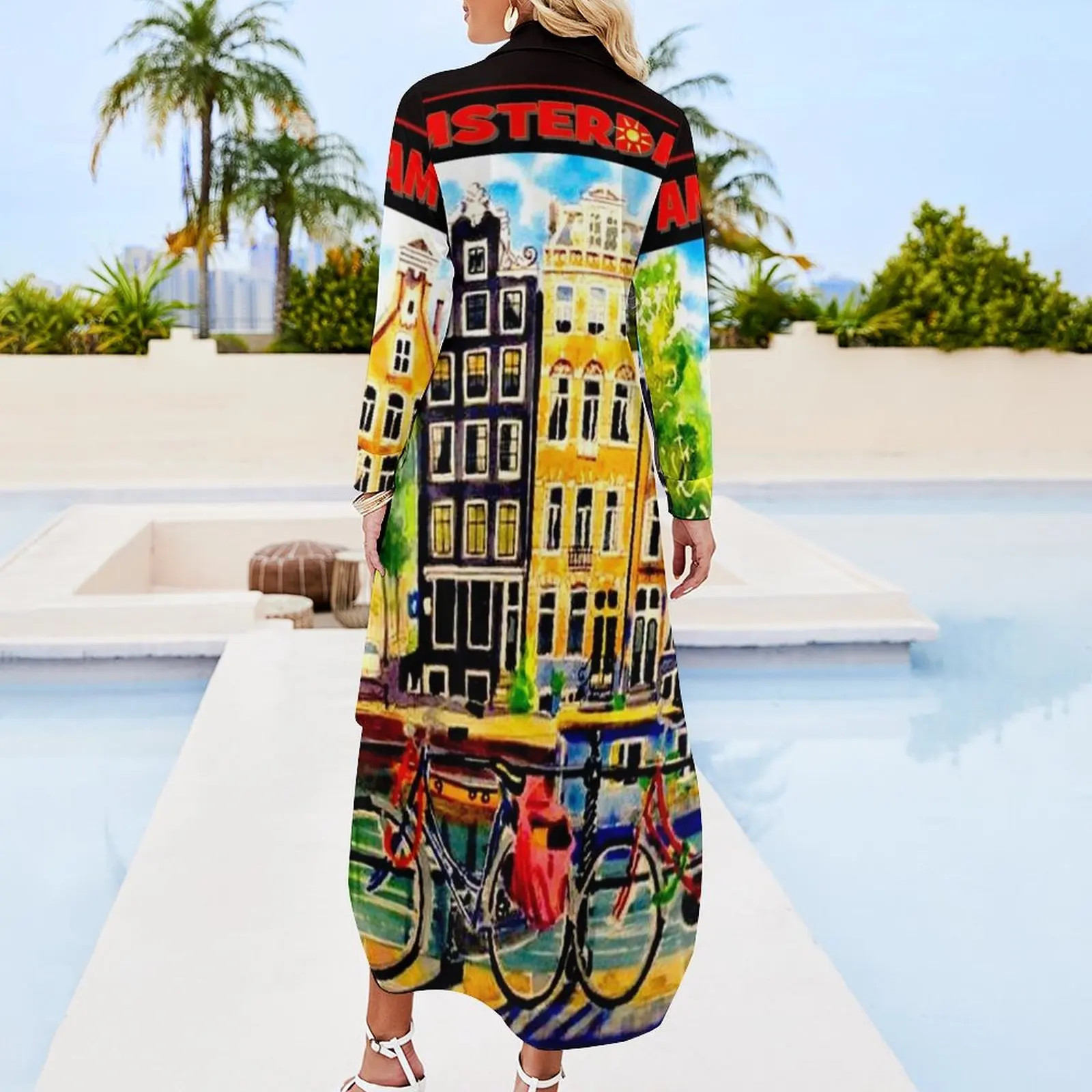 AMSTERDAM : Vintage Bicycle Travel Print Long Sleeved Shirt Dress festival outfit women women party dresses