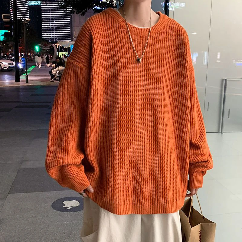 Spring Autumn Solid Long Sleeve Men Round Neck Sweater Fashion Simple Harajuku Loose Oversized Inner Knitted Clothing Daily Wear