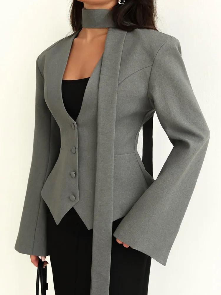 

Сексуальная однотонная тонкая куртка с v-образным вырезом, элегантные женские костюмы на пуговицах, пальто, темперамент, простая женская уличная одежда с шарфом