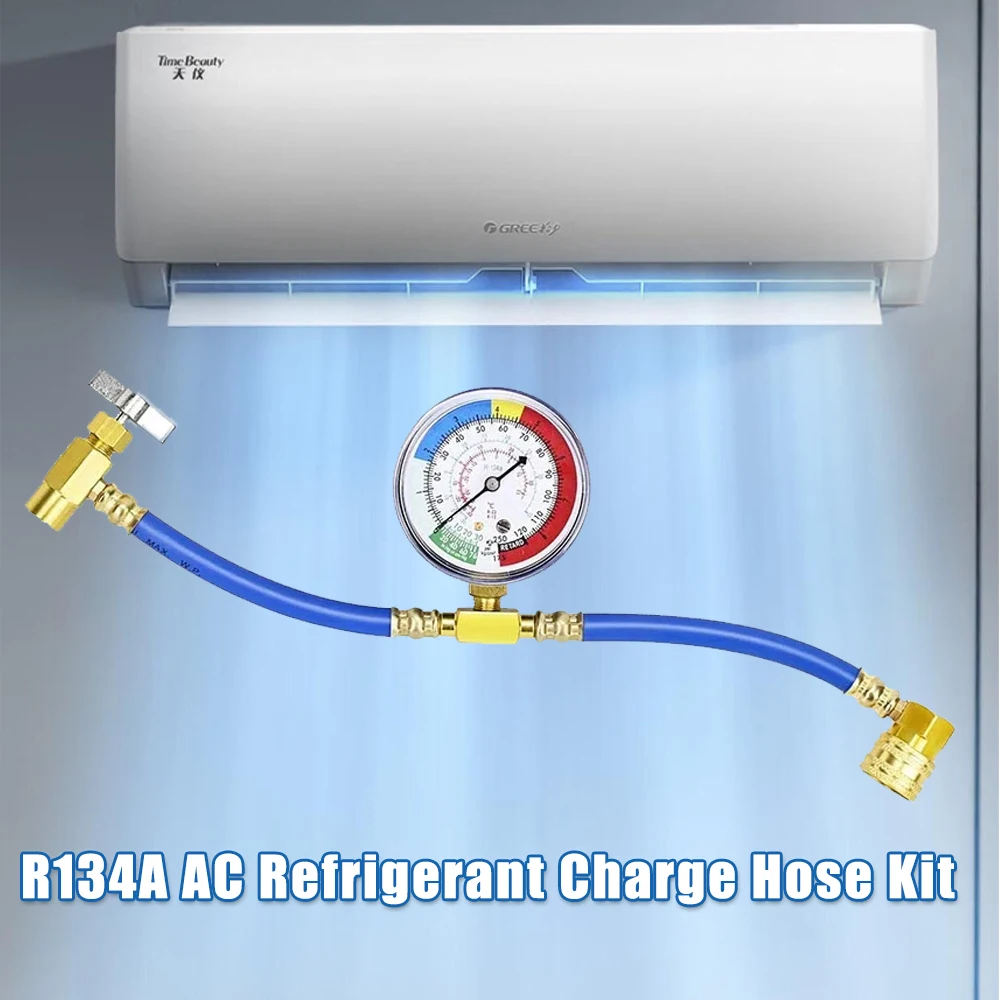 

R134A Air Conditioner Refrigerant Charge Hose Refrigerator Freon Recharge Kit 1/2" Acme with Pressure Gauge Car Accessories ﻿