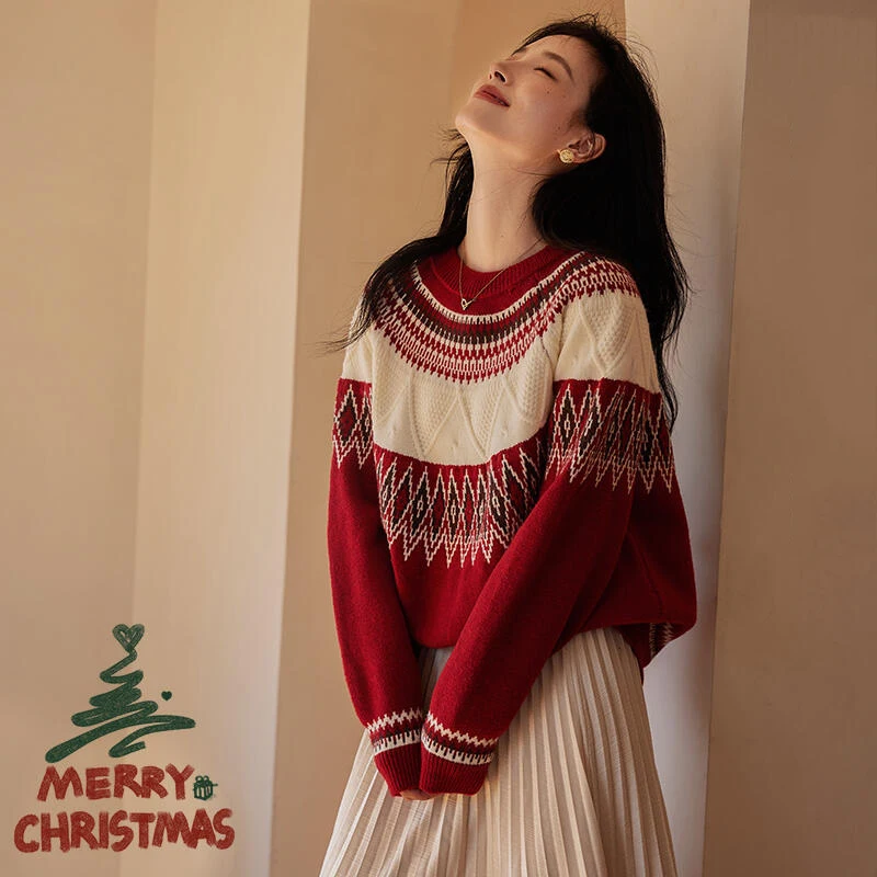 REDDACHiC Jacquard Retro Women Fair Isle Sweater O-neck Pullover Long Sleeves Loose Casual Jumper Top Christmas Winter Knitwear