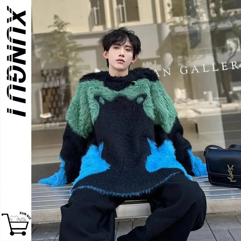 Color Blocking Splicing Artistic Sweater for Men Loose and Lazy Style Knitted Sweater Retro Imitation Mink Fur Jacket